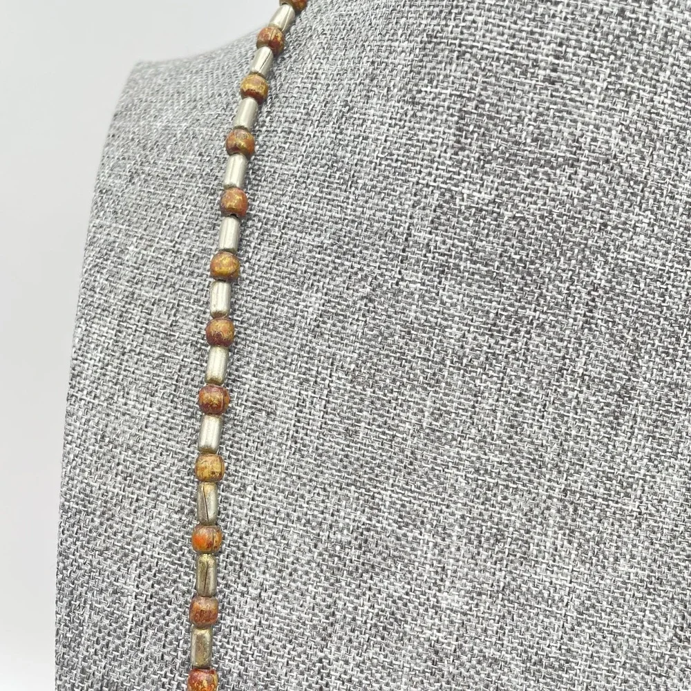 VTG‎ Earthy Jasper Stone Slab Necklace Brown Wood Tube Spacer Bead Chunky Tribal